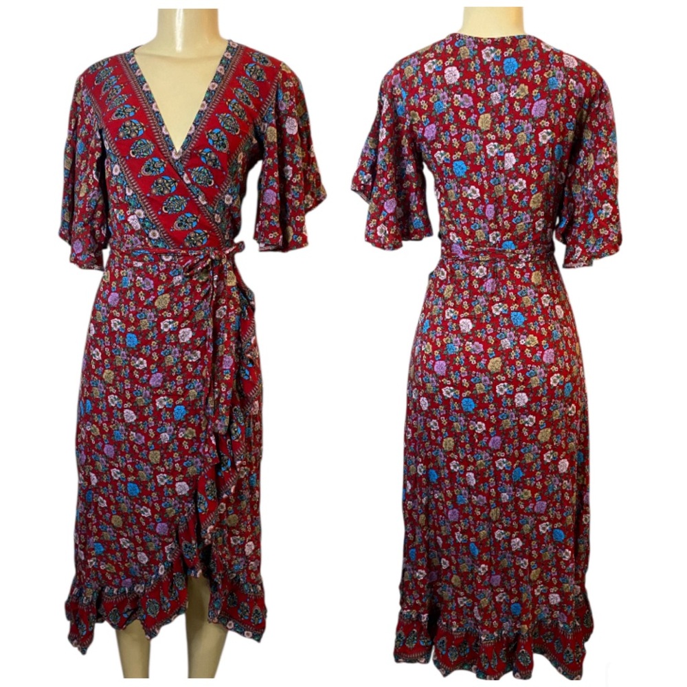 Acanela expeditions Red Floral Maxi Wrap Dress Asymmetric Cottagecore Small/XS